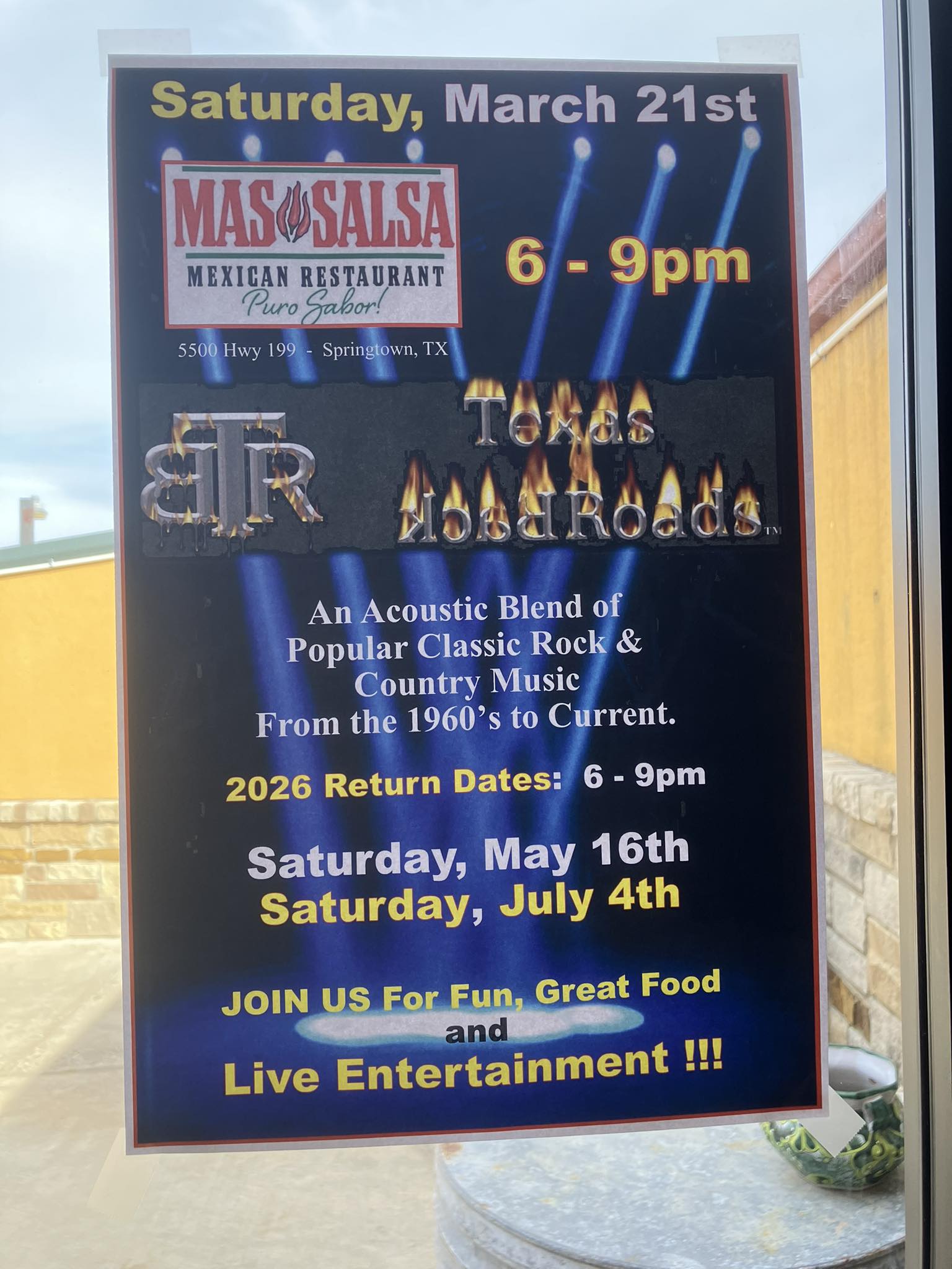 Texas Backroads event flyer at Mas Salsa